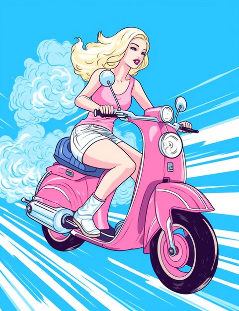 Photo une fille de dessin animé sur un scooter rose avec un fond de ciel bleu