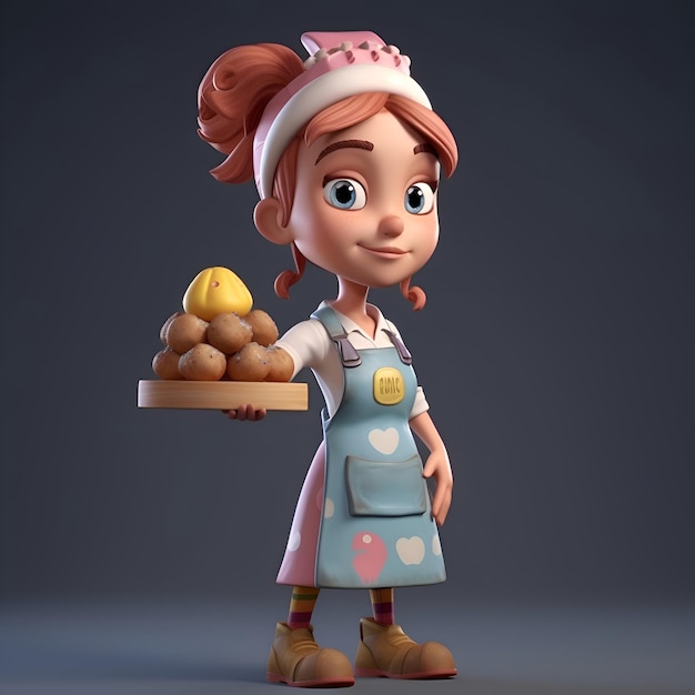 Fille de dessin animé avec un tablier et un tablier tenant un plateau de pommes de terre