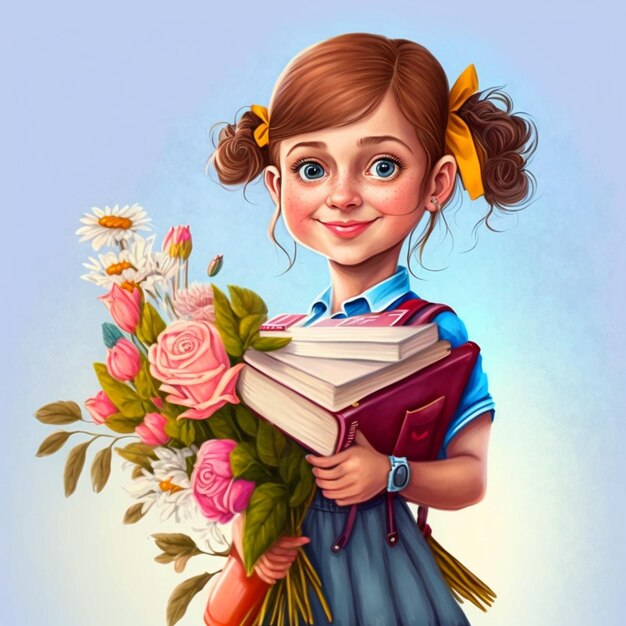 une fille de dessin animé tenant un bouquet de fleurs et un livre génératif ai