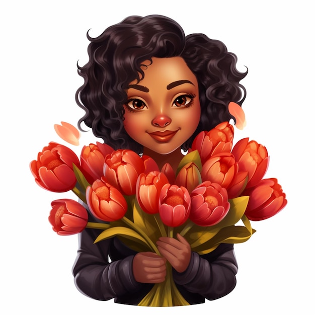 une fille de dessin animé tenant un bouquet de tulipes rouges dans ses mains