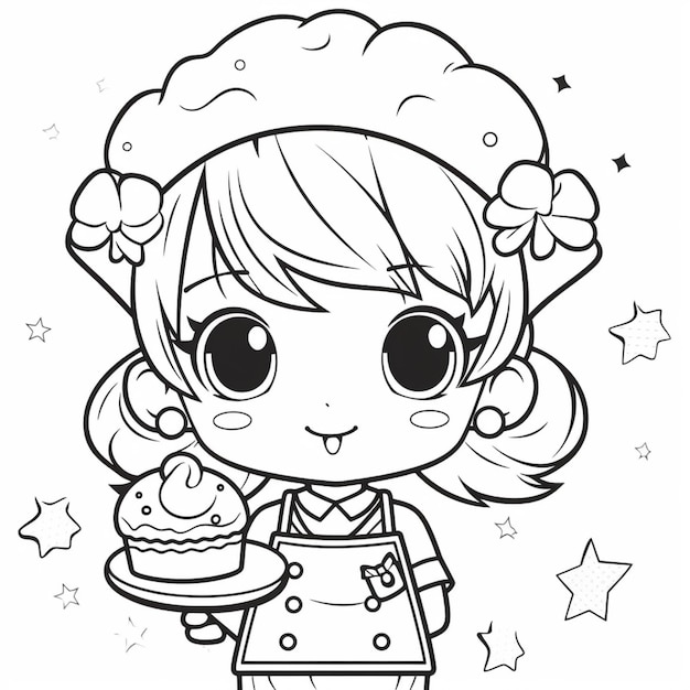 Une fille de dessin animé tenant un gâteau et un cupcake générative ai