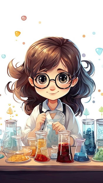 Une fille de dessin animé sur le thème de la science portant un manteau de laboratoire tient un verre montrant sa passion pour la science