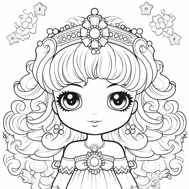 Une fille de dessin animé avec un tiable et une couronne de fleurs
