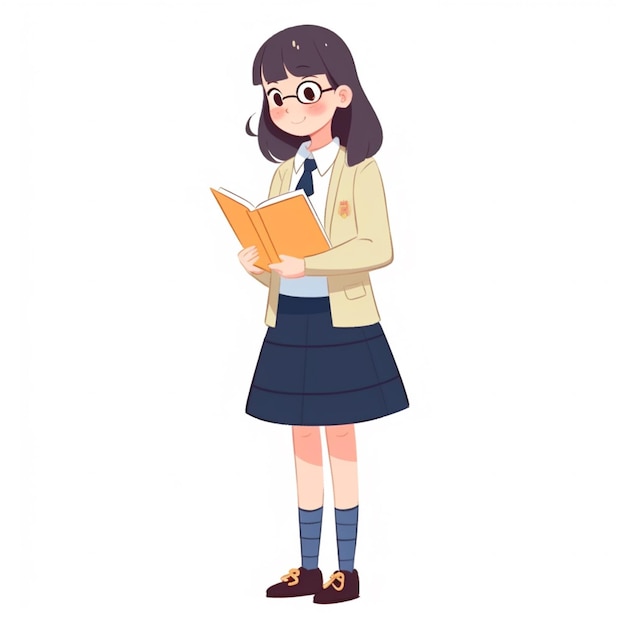 Fille de dessin animé en uniforme scolaire lisant un livre générative ai