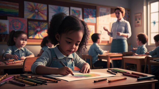 Photo fille avec un dessin au crayon à la leçon dans la salle de classe