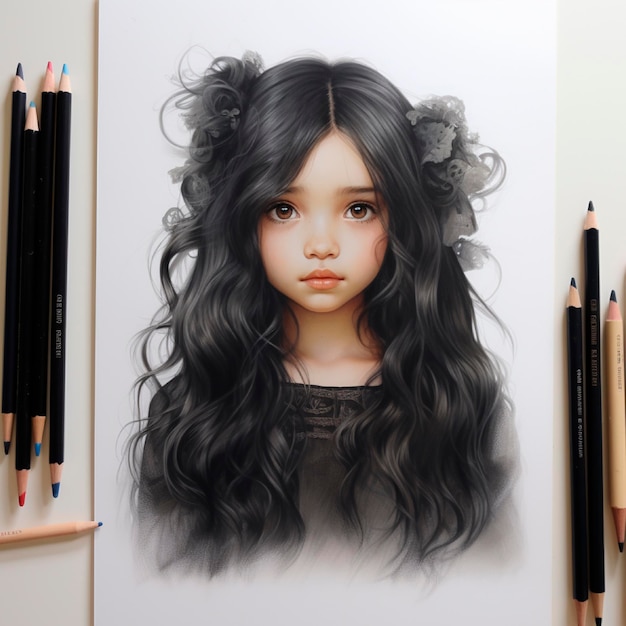 Fille de dessin réaliste avec de longs cheveux noirs