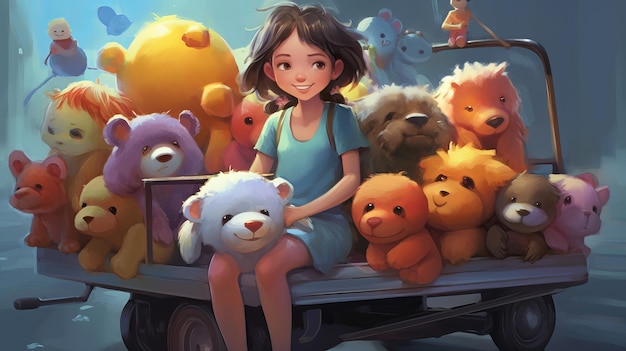 Fille dessinante assise avec des ours en jouet IA générative