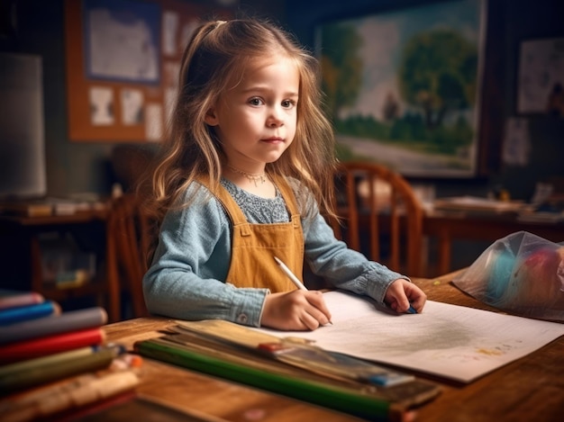 La fille dessine avec un crayon à une leçon dans la salle de classe