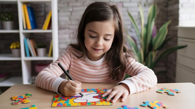 Photo une fille dessine un dessin à partir d'un puzzle coloré pour la journée mondiale de l'autisme