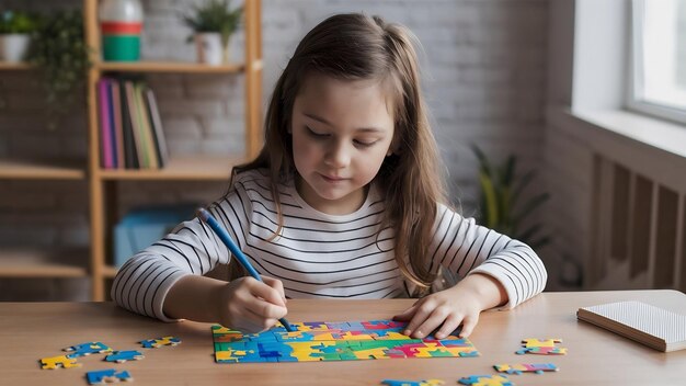 Photo une fille dessine un dessin à partir d'un puzzle coloré pour la journée mondiale de l'autisme