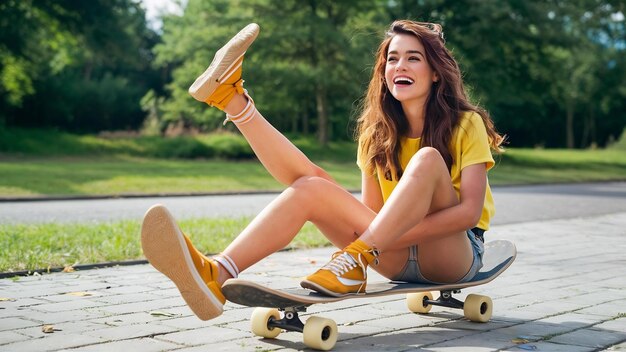 Une fille détendue en tenue d'été brillante assise sur un skateboard avec les jambes en l'air et riant