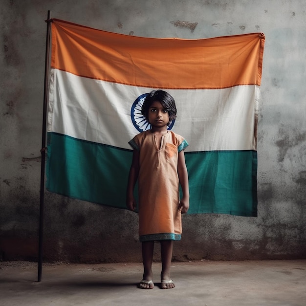 Fille devant le drapeau de l’Inde