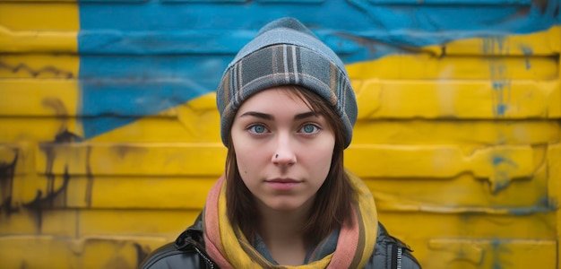 Une fille devant un drapeau qui dit 'ukraine'