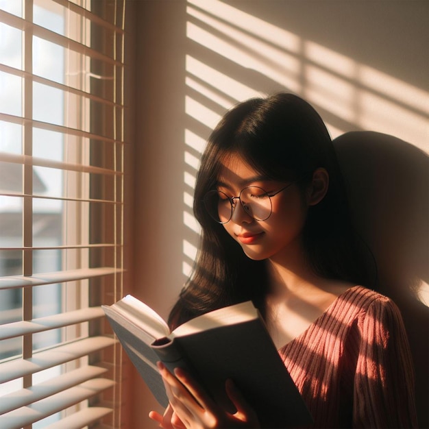 une fille devant une fenêtre avec des stores tenant un livre recevant de la lumière et des ombres à travers la fenêtre