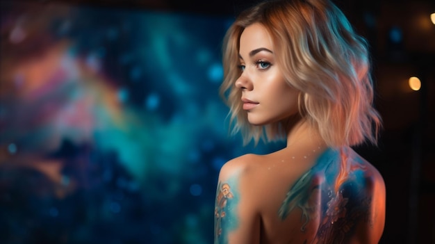 une fille devant un tatouage couleur galaxie aquaGenerative AI