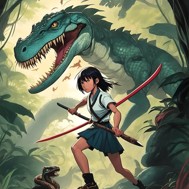 Photo fille et dinosaure dans la forêt