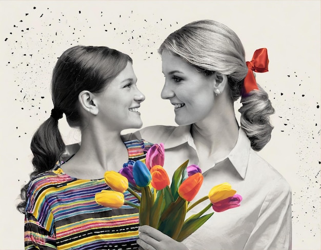 Photo la fille a donné des tulipes à sa mère. ils se regardent, s'embrassent et sourient.