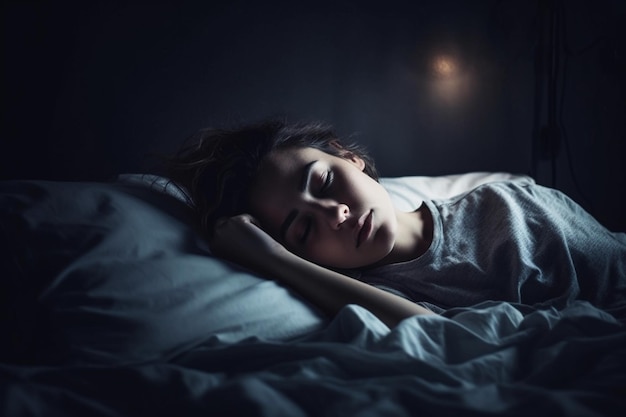 Fille dormant sur le lit la nuit dans la chambre Generative AI