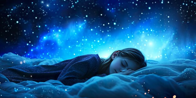 Photo la fille dort parmi les étoiles ciel fond ciel bleu