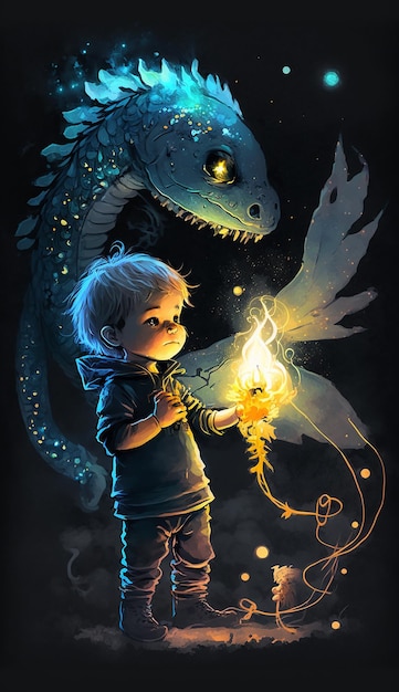 Photo fille avec dragon amical brillant et effets néon sur fond sombre