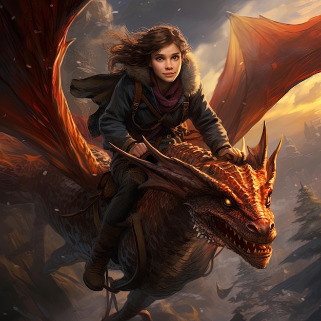Photo une fille avec un dragon sur le dos chevauche un dragon