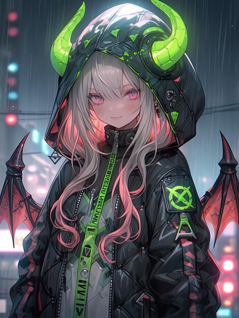 une fille avec un dragon vert sur sa veste