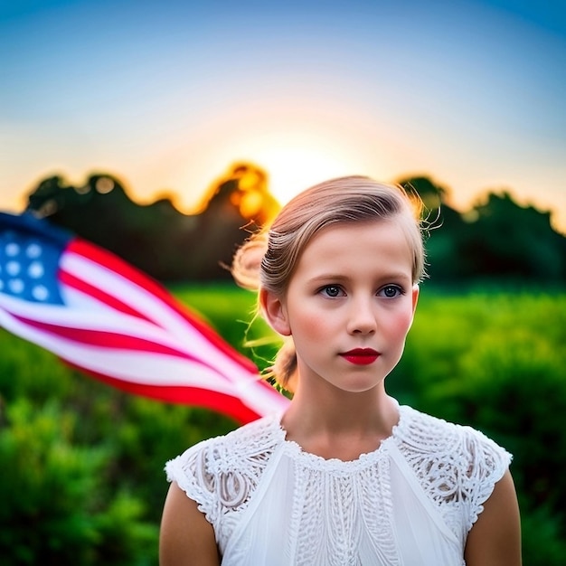 Une fille avec un drapeau en arrière-plan