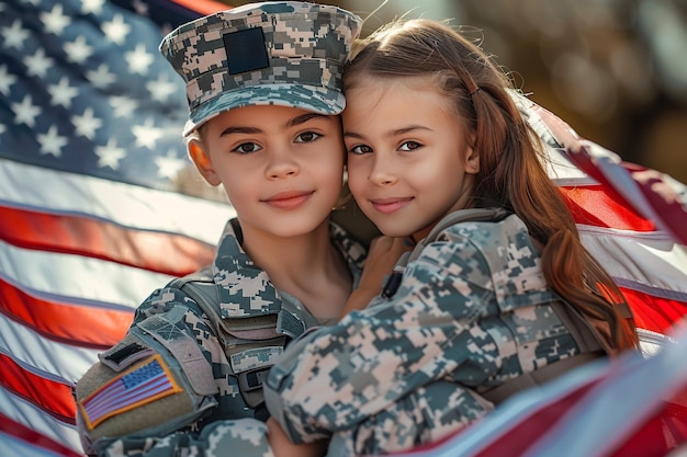 une fille avec un drapeau sur la tête embrasse une fille