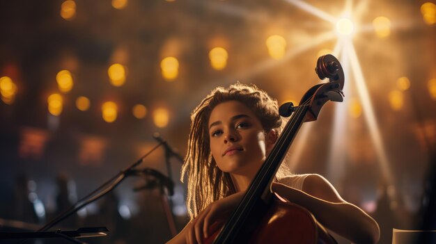 Une fille avec des dreadlocks jouant du violoncelle Les yeux fermés en concentration générés par l'IA