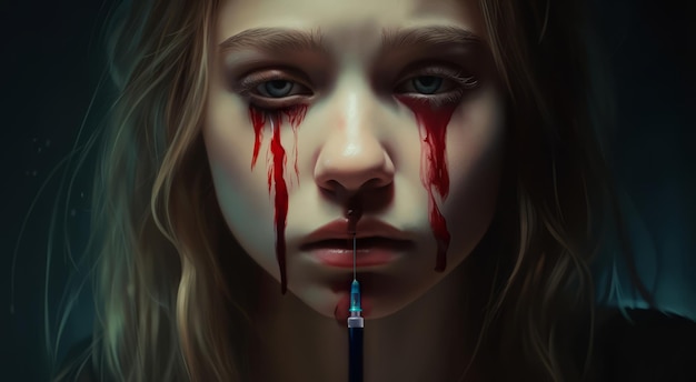 Une fille droguée qui pleure des larmes sanglantes