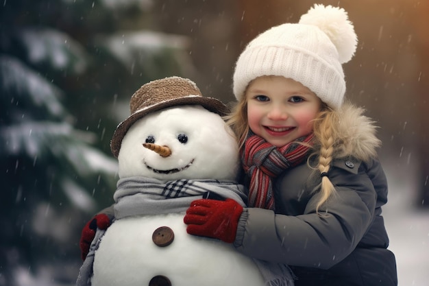 Fille drôle avec bonhomme de neige