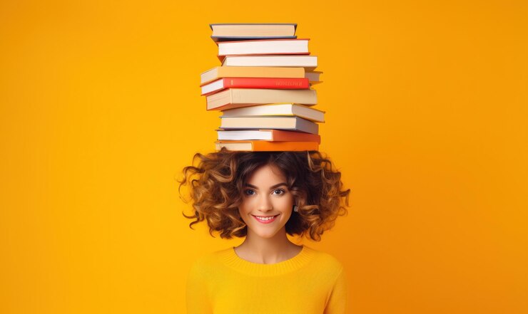 Une fille drôle avec des livres.