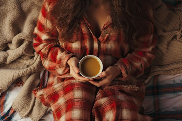 Photo fille avec du café en pyjama chaud vue supérieure ia générative