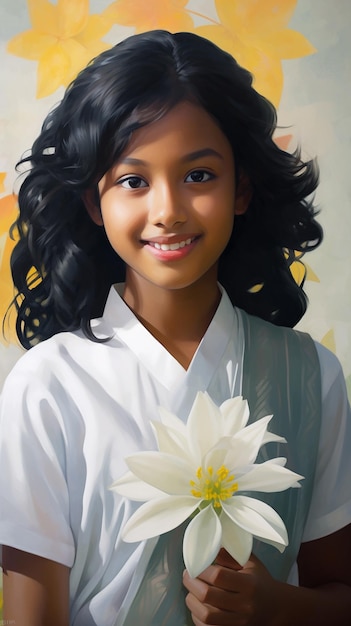 Une fille du Sri Lanka pose en fleur avec des cheveux noirs