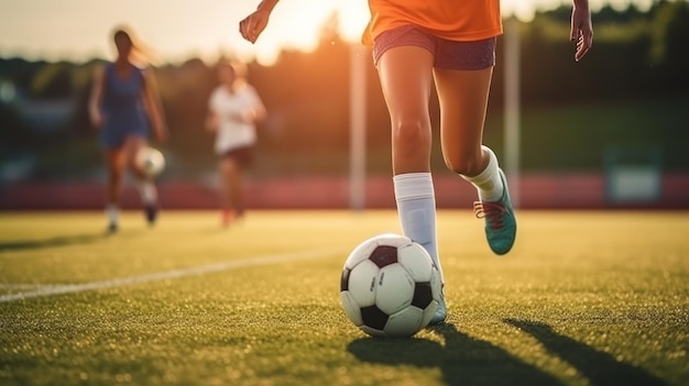 Une fille dynamique en tenue de football contrôlant habilement le ballon avec son pied tout en maintenant l'équilibre et en se concentrant sur le terrain