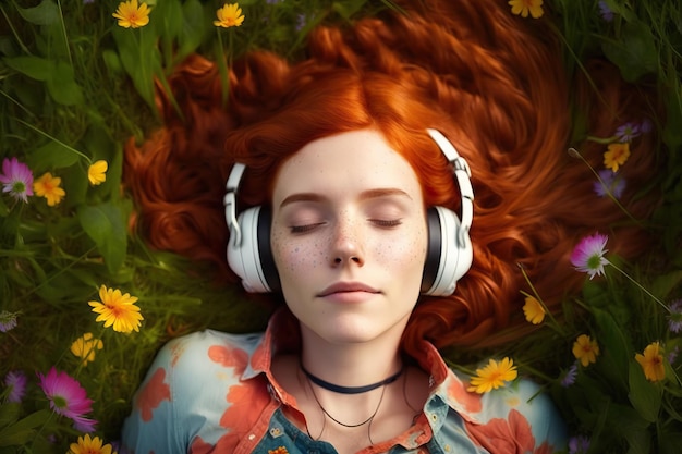 Une fille écoutant de la musique allongée sur un pré généré par l'IA