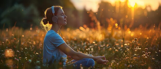 Photo une fille écoutant de la musique dans un champ avec des écouteurs