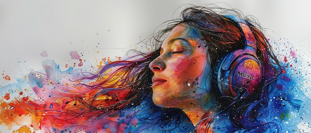 fille écoutant de la musique avec des écouteurs peinture colorée