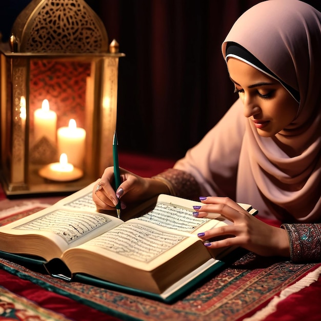 Photo une fille écrit dans un livre avec une bougie en arrière-plan