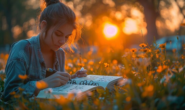 une fille écrivant dans un champ avec un livre écrit par un artiste