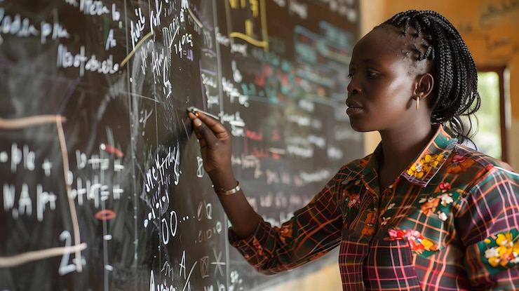 Photo une fille écrivant sur un tableau noir avec le mot mathématiques dessus