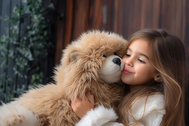 Une fille embrasse un ours en peluche le soir du Nouvel An.