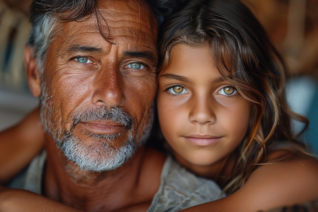 La fille embrasse son père face à la caméra. Famille caucasienne.