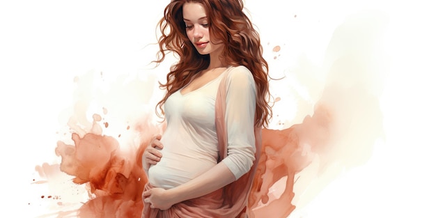 Fille enceinte sur fond blanc aquarelle Photo de haute qualité IA générative