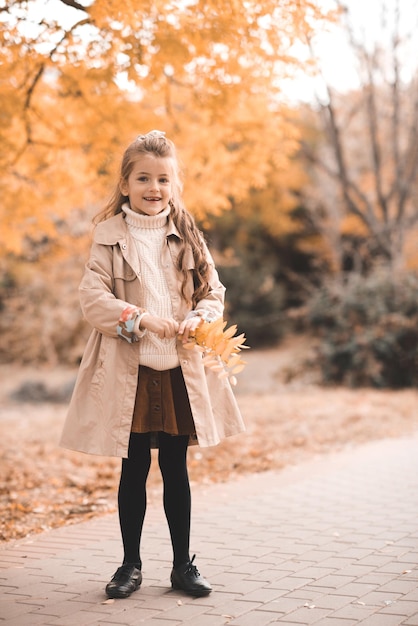 Fille enfant élégante souriante porter un pull en tricot avec des feuilles jaunes sur fond de nature à l'extérieur