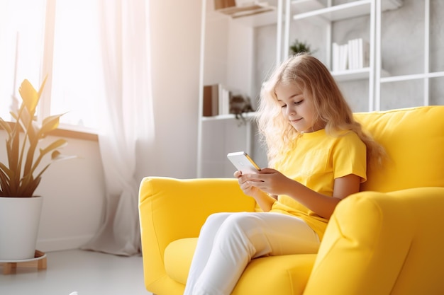 Fille enfant jouant à un jeu sur tablette et assise sur un canapé