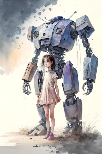 Une fille et un énorme robot. Un robot protège les enfants.