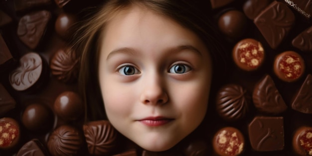 Une fille entourée de chocolats, le mot chocolat est sur son visage