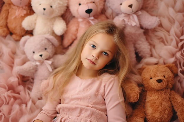 Une fille est allongée sur un tas d'ours en peluche.