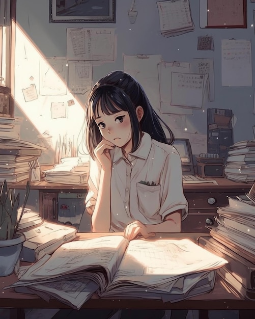 Une fille est assise à un bureau avec beaucoup de livres.